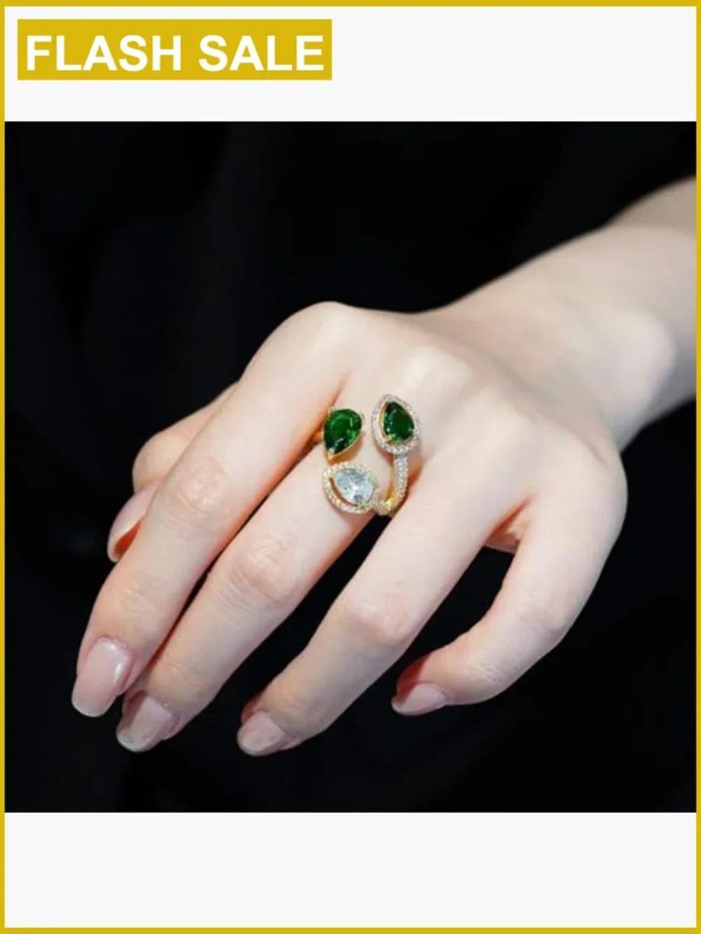 18K Gold Plated Pear-Shaped Statement Ring, Adjustable CZ Ring, Non-Tarnish